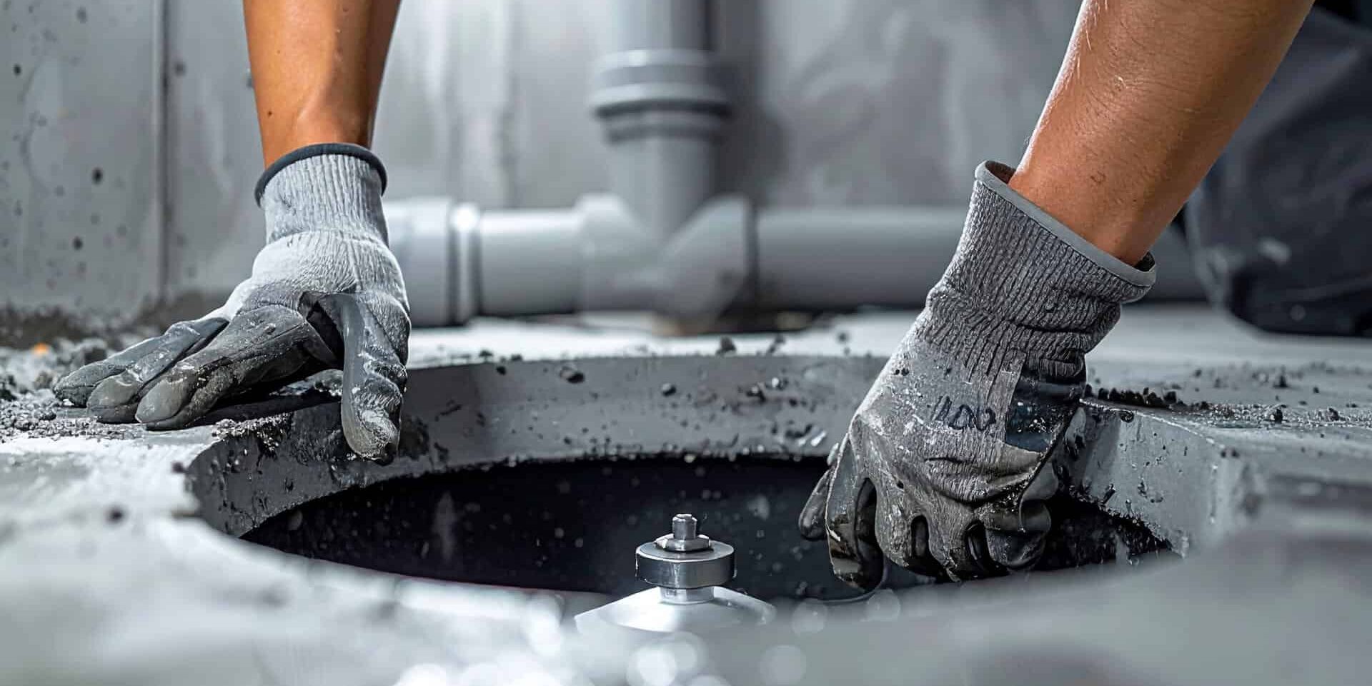 Plumber Wearing Gloves Inspecting Sump Pit Drain Pipes